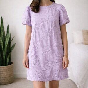 J.Crew Lavender Embroidered Shift Dress Floral Puff Sleeve Cotton Size 14 Easter